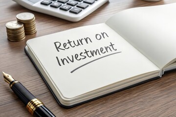 Words written 'RETURN ON INVESTMENT' on a book beside coins and a calculator