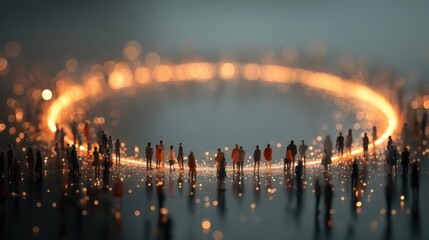 Diverse group standing on a giant circular digital network urban setting concept art nighttime aerial view connectivity concept
