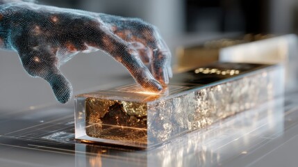 Futuristic hand scanning gold bar with transparent device high-tech laboratory digital visualization close-up innovation