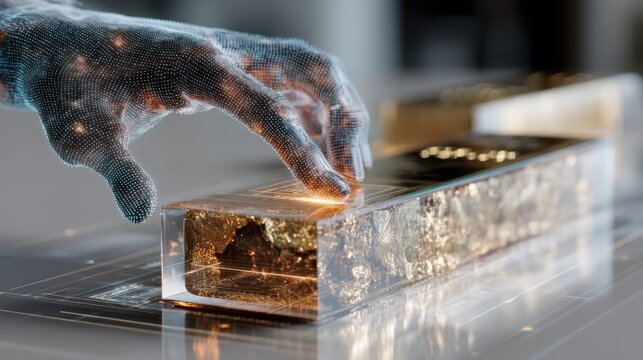 Futuristic hand scanning gold bar with transparent device high-tech laboratory digital visualization close-up innovation