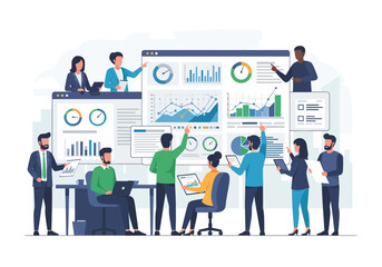Team members interacting with data visualization on a large screen