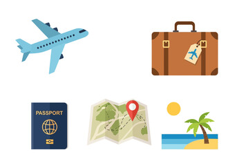 Travel icons airplane suitcase passport beach holiday tourism vacation concepts