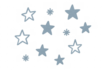 Blue glitter stars and snowflakes floating on transparent background