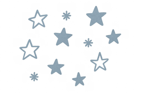 Blue glitter stars and snowflakes floating on transparent background