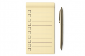 Blank checklist notepad with pen, organizing tasks, planning schedule, setting goals, transparent background
