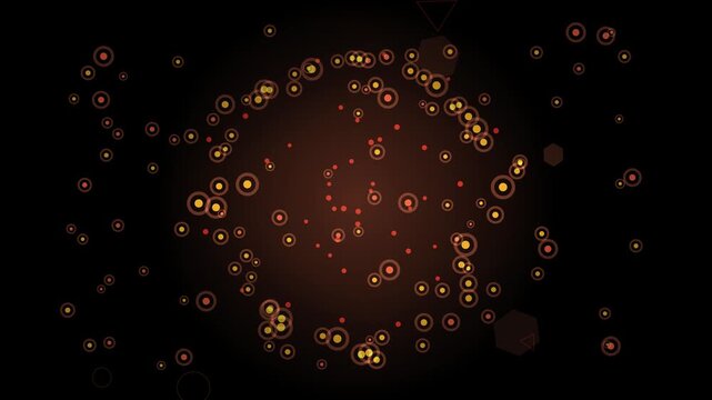 Abstract swirling pattern of glowing orange and yellow circles and dots on a dark background