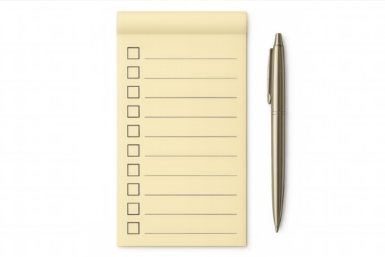 Blank checklist notepad with pen, organizing tasks, planning schedule, setting goals, transparent background