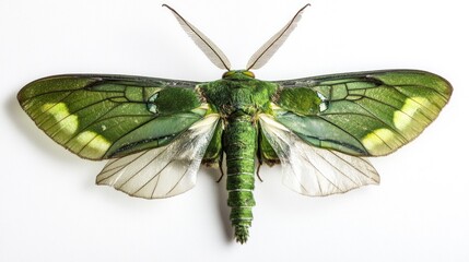 Isolated green moth specimen, wings spread, white background, scientific study