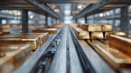 Automated robotic arm moving gold bars warehouse industrial action high-tech environment close-up view robotics in action