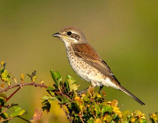 A perched avian with rufous and speckled plumage, green background