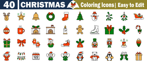 Christmas Classic Holiday Coloring Icons Set - 40 Unique Winter Season Vector Illustrations for Creative Designs and Art Projects. Versatile Design Elements Winter Holiday Icon Pack.