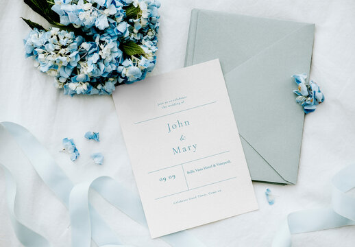 Blue Envelope And Card Mockup With Blue Hydrangea
