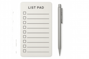 List pad and pen, displaying a blank checklist for daily planning, tasks, and productivity on transparent background