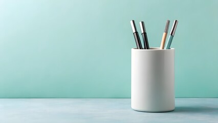 Minimalist Pen Cup on Muted Blue Background – Clean Modern Stationery Mockup for Office Desk Organization, Branding, Creative Workspace, and Professional Product Presentation