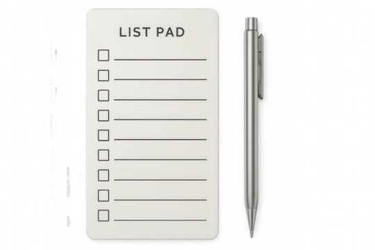 List pad and pen, displaying a blank checklist for daily planning, tasks, and productivity on transparent background