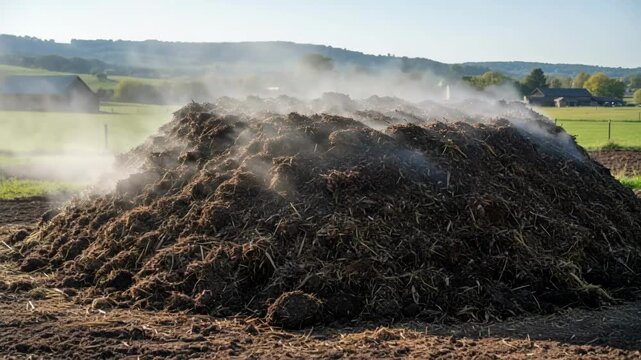 Medium shot of aerated poultry waste compost pile with steam rising showcasing efficient aerobic decomposition in natural farm environment.