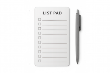 White checklist pad with blank boxes and lines, next to a silver pen, for planning and organizing tasks