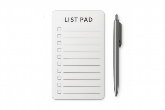 White checklist pad with blank boxes and lines, next to a silver pen, for planning and organizing tasks - Powered by Adobe