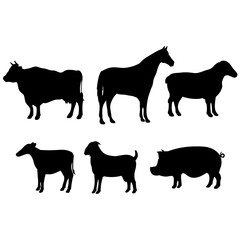 Vector silhouette collection of common farm animals including a cow, pig, sheep, goat, horse, and bull illustration
