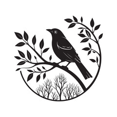 Bird sitting on tree branch simple vector illustration with silhouette style and nature elements