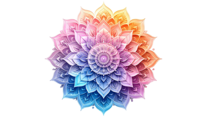 The color palette flows from warm yellows and oranges to cool blues and purples, giving a spiritual, meditative, and serene feel. This artwork is perfect for projects related tor