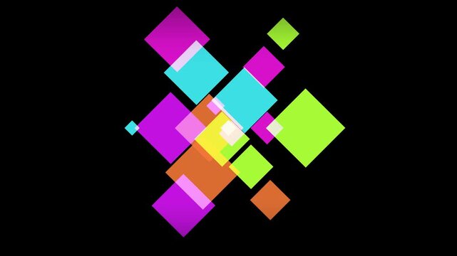 Abstract composition of overlapping translucent squares in vibrant colors against a black background