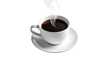 Obraz premium hot black coffee with rising steam, served in a white ceramic cup on a small sauce