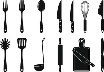Kitchen utensil silhouette vector set with fork, spoon, knife, spatula, ladle, brush, rolling pin, cutting board, cooking tools