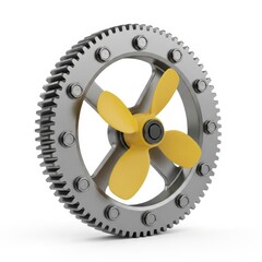 Close up of a metallic gear with a yellow propeller attached to its center on a white background