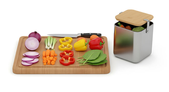 Healthy Kitchen Prep: Fresh Chopped Vegetables on Cutting Board with Knife and Modern Food Waste Compost Bin for Sustainable Cooking