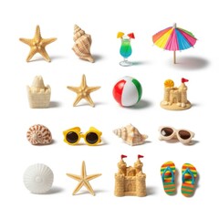 Collection of miniature beach accessories and tropical delights on a white background