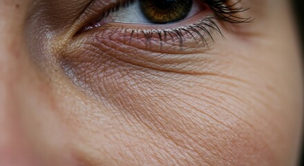 Closeup of a human eye with visible wrinkles and a dark iris