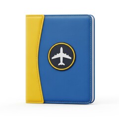 Bright blue and yellow passport holder featuring a white airplane emblem for travel