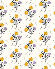 Seamless floral pattern with yellow and purple flowers, dark green leaves, and soft background for elegant natural design.