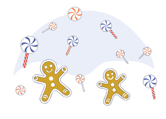 Naklejka premium Whimsical christmas gingerbread men and colorful swirl lollipops scattered across a light blue wavy background isolated on transparent background