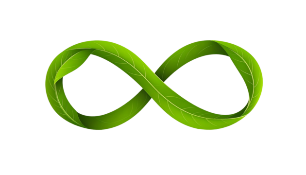 y An infinity symbol formed from realistic and detailed green leaf ribbons. This design symbolizes sustainability, ecology, the environment, recycling, and endless growth.te