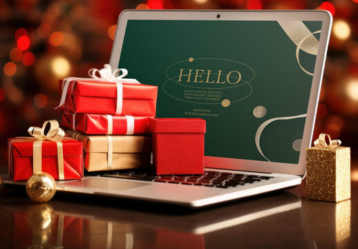 Christmas Decoration With Laptop Screen Mockup With Generative AI