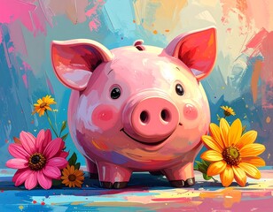 A smiling, cartoonish pink piggy bank with flowers on vibrant background
