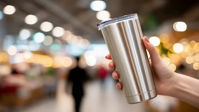 Close up of a hand holding a sleek silver insulated tumbler against a bokeh background.