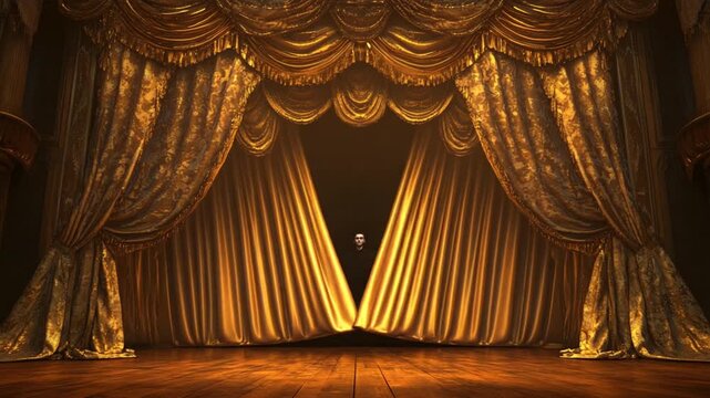 Vintage Theater Stage with Gold Curtains Parting for a Show.