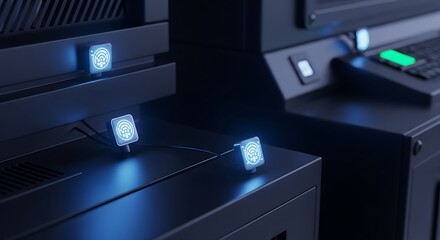 Futuristic control panel with glowing lights and digital interface.