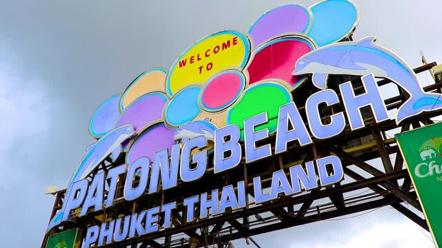 Patong walking street welcome entrance sign board lettering Phuket Thailand.
