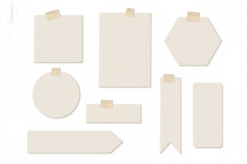 Set of blank vintage paper elements, sticky notes, and labels with masking tape, providing space for text, transparent background