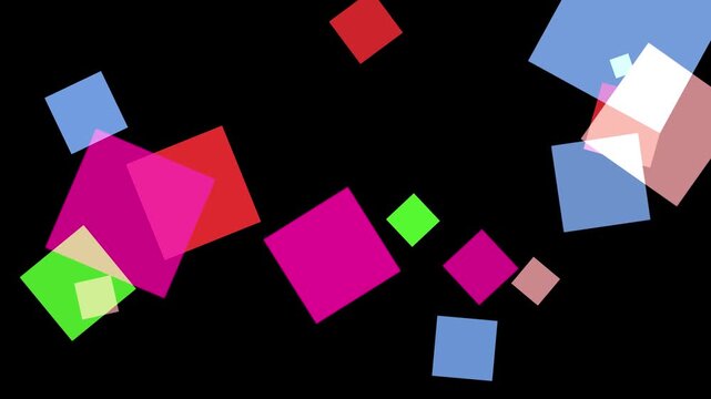 Abstract composition of overlapping translucent squares in various colors on a black background
