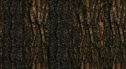 Obraz premium Closeup of a tree trunk with textured dark bark Green moss is visible in the crevices