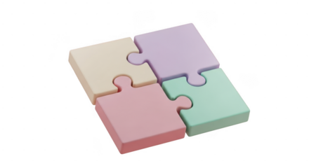Colorful fourpiece jigsaw puzzle pieces connected together isolated on transparent background