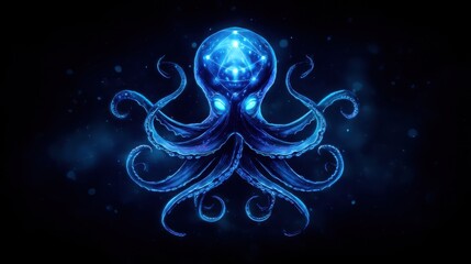 Glowing, stylized octopus against dark background