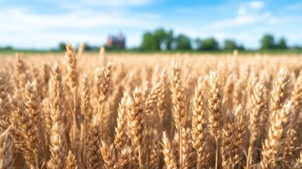 Golden wheat field under a clear blue sky
