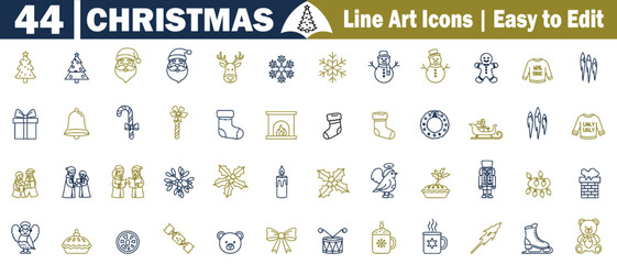 Holiday Line Art Icons for Winter Festive Decorations Collection, Easy to Edit Vector Elements Pack Christmas Seasonal Decor Set