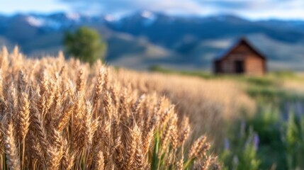 Golden wheat field with rustic cabin and mountains